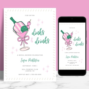 EDITABLE Dinks and Drinks Pickleball Bridal Shower Invitation Template, Sport Paddle Martini Bow, Printable Invite & Mobile e-vite Download