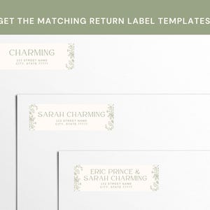 K&ouml;nnte beinhalten: Drei R&uuml;cksendeetiketten mit floralem Design. Die Etiketten lauten "Charming", "Sarah Charming" und "Eric Prince & Sarah Charming" mit einer Adresse, einer Stadt, einem Bundesland und einer Postleitzahl.