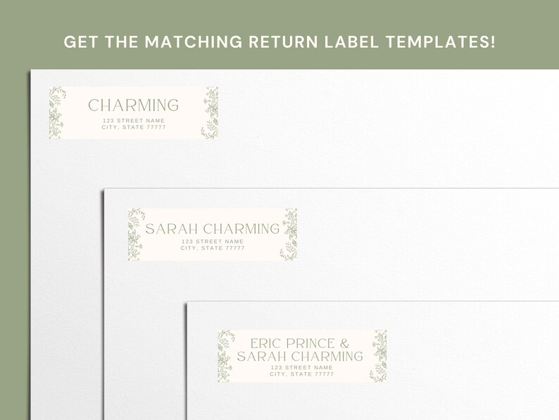 K&ouml;nnte beinhalten: Drei R&uuml;cksendeetiketten mit floralem Design. Die Etiketten lauten "Charming", "Sarah Charming" und "Eric Prince & Sarah Charming" mit einer Adresse, einer Stadt, einem Bundesland und einer Postleitzahl.