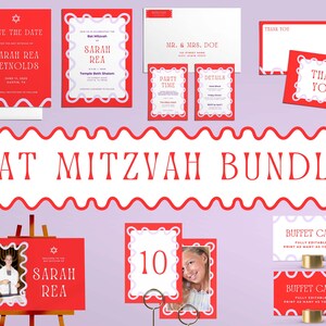 May include: A red and white Bat Mitzvah party invitation bundle featuring a Star of David design. The bundle includes a save the date card, invitation, RSVP card, thank you card, party details card, and table number cards. The cards are decorated with a red and white scalloped border.