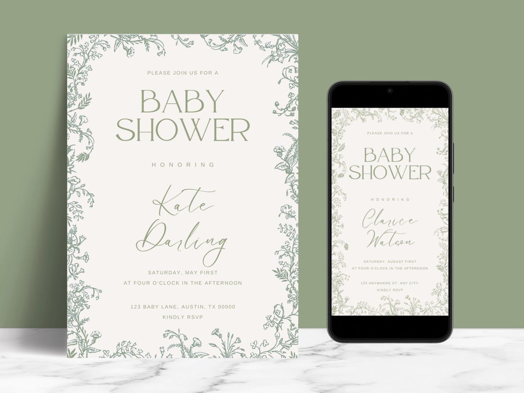 EDITABLE Elegant Green Floral Toile Baby Shower Invitation Template