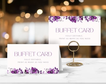 Purple Floral Buffet Food Cards EDITABLE, Tented & Flat, Printable Templates, Wedding DIY Instant Digital Download, Event Food Signs Decor