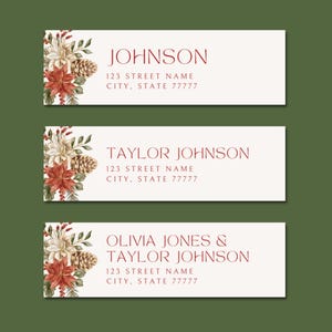 Könnte beinhalten: Drei Weihnachts-Rückseitenaufkleber mit einem Aquarell-Blumendesign mit Weihnachtssternen, Tannenzapfen und Grün. Die Etiketten enthalten den Text "JOHNSON", "TAYLOR JOHNSON" und "OLIVIA JONES & TAYLOR JOHNSON" mit den entsprechenden Adressen.
