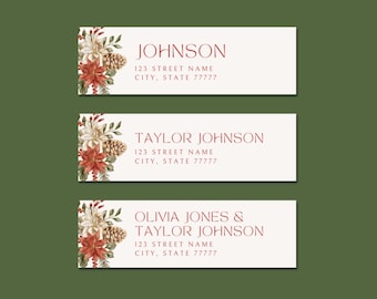 Floral Christmas Return Label EDITABLE Printable Template, Classic Poinsettia Winter Holiday Watercolor Stationery, Wedding Digital Download