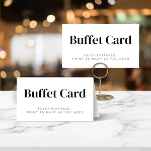 Tarjetas de comida de buffet modernas y minimalistas, editables, planas y en forma de carpa, plantillas imprimibles, descarga digital para fiestas de bodas, letreros de comida para decoración de eventos