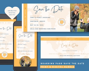 Boarding Pass Save the Date Ticket Invitation TEMPLATE, Print & Mobile Animated, Editable Destination Wedding Travel Theme with Picture