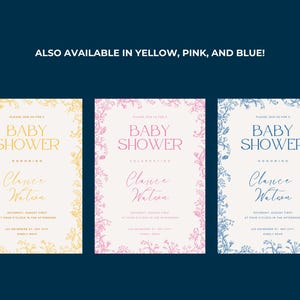 K&ouml;nnte beinhalten: Drei Babyparty-Einladungen mit floralen R&auml;ndern. Die Einladungen sind in Gelb, Rosa und Blau. Der Text auf den Einladungen lautet "Bitte nehmen Sie an einer Babyparty zu Ehren von Clance Watson teil".