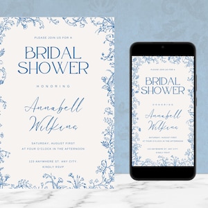 BEWERKBARE blauwe chinoiserie, vintage bloemen toile frame, sjabloon uitnodiging vrijgezellenfeest, afdrukbare uitnodiging & tekst e-vite, digitale download