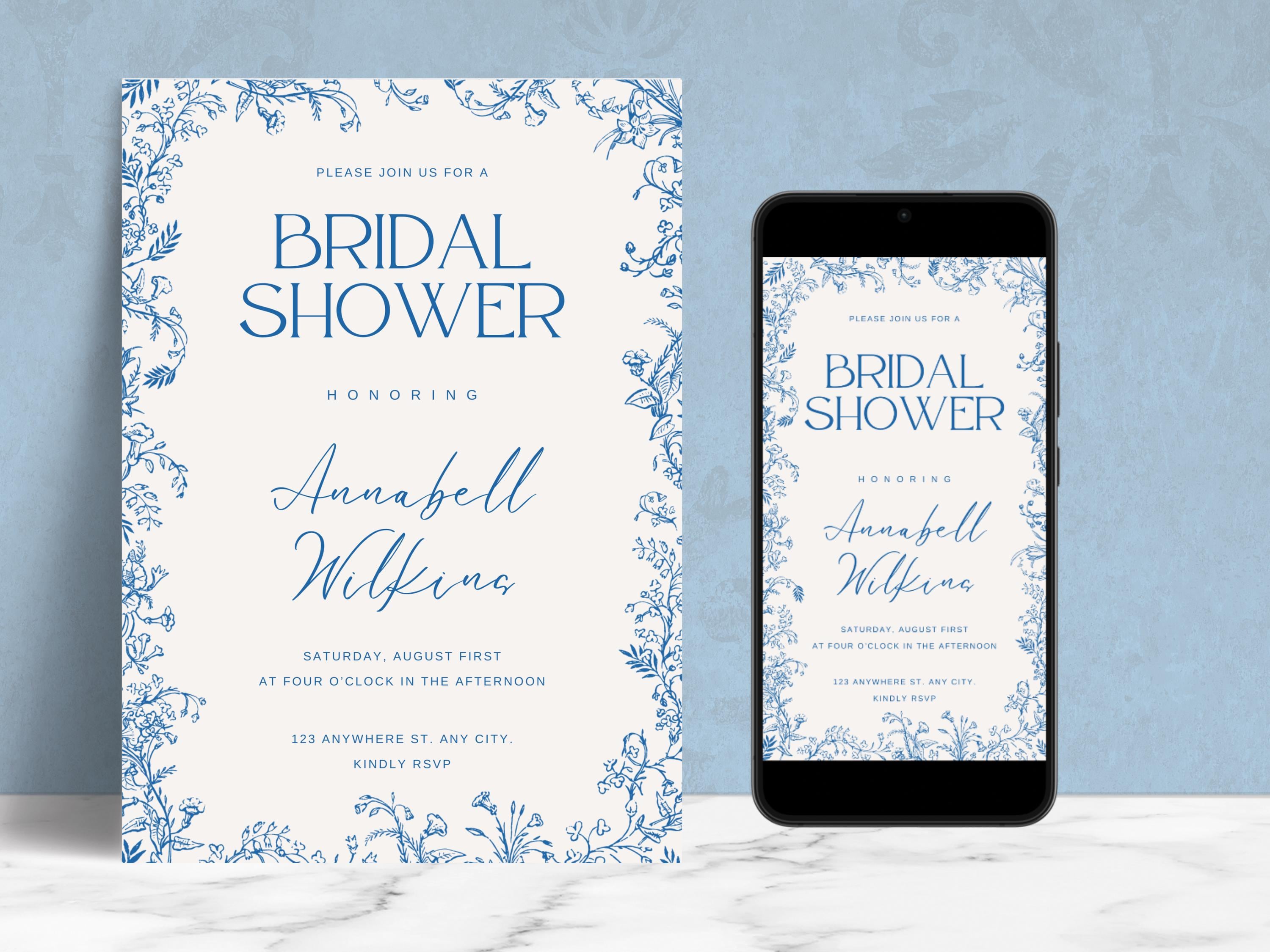 EDITABLE Blue Chinoiserie, Vintage Floral Toile Frame, Bridal Shower Invitation Template, Printable Invite & text e-vite, Digital Download