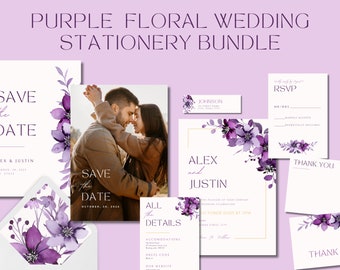 Purple Floral Wedding Stationery Bundle EDITABLE Templates, Save Date, Invitation, RSVP, Details Card, Envelopes, Thank You, Return Labels