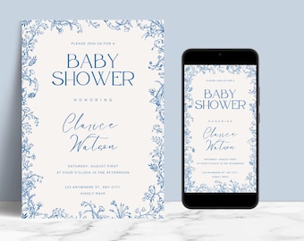 EDITABLE Elegant Blue Floral Toile Baby Shower Invitation Template, Chinoiserie Baby Boy, Printable Invite & Digital Mobile E-vite