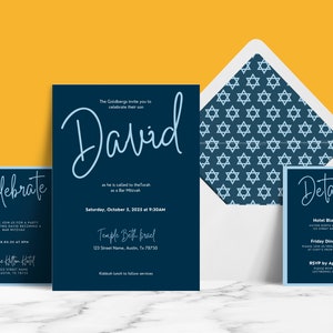 EDITABLE Bar Mitzvah Invitation Suite Templates, Blue Classic Minimal Printable Invite, Star of David Fun Bar Mitzvah, Bat Mitzvah Ideas