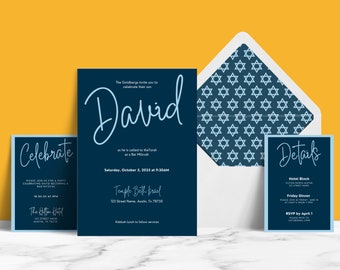 REDIGERBARA Mallar för Bar Mitzvah-inbjudningar, Blå klassisk minimalistisk utskrivbar inbjudan, Rolig Bar Mitzvah, Bat Mitzvah-idéer