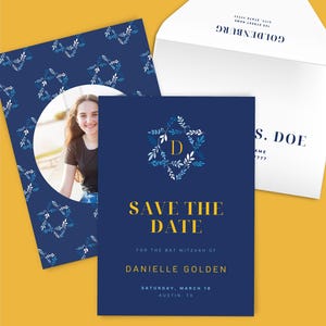 REDIGERBAR Bar Mitzvah-mall för att spara datumet, klassisk blå gul, rolig blommig Davidsstjärna, utskrivbar inbjudan, Bat Mitzvah-idéer