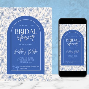 May include: A blue and white floral bridal shower invitation with a blue arch and the text "You're Invited! Bridal Shower" in honor of Ashley Blake. The invitation includes the date, location, and RSVP information.