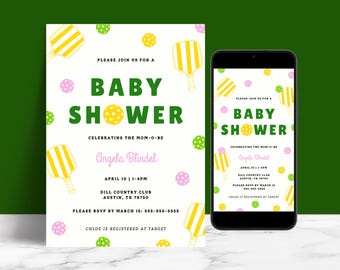 EDITABLE Pickleball Baby Shower Invitation Template, Paddle Sport, Green Yellow Pink Racket Sporty Printable Invite & Digital Mobile E-vite