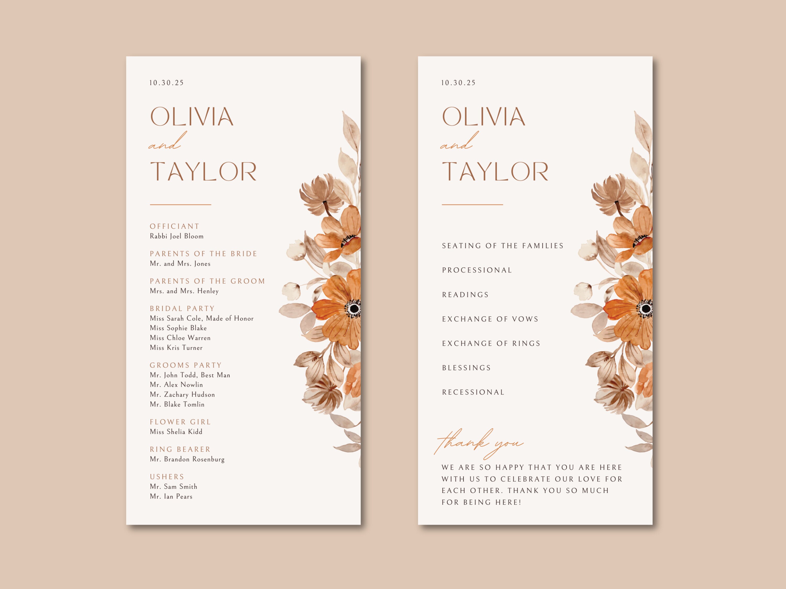 Boho Floral Wedding Ceremony Program EDITABLE, Printable Template ...