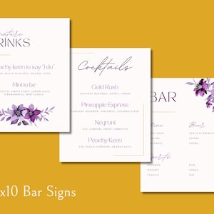 Purple Bar Menu Signs PRINTABLE Templates, Signature Drinks, Cocktails, Bar menu, Floral Wedding EDITABLE Digital Download