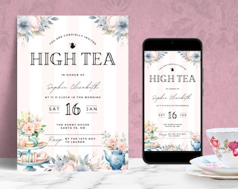 Editable High Tea Party Invitation Template, Digital Afternoon Tea Invite, Victorian Traditional Floral, Bridal  and Baby Shower, Ladies Tea