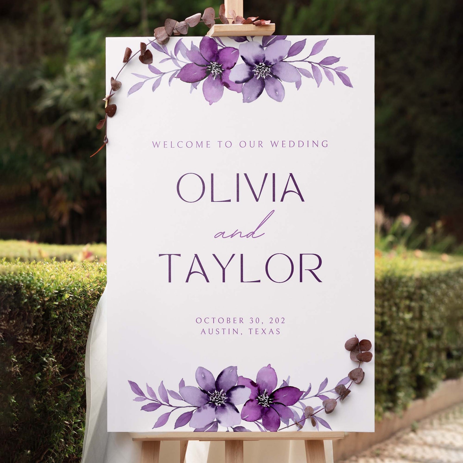 Purple Floral Wedding Welcome Sign EDITABLE Template, 24"x36" Vertical ...