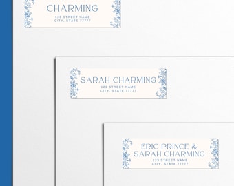 EDITABLE Blue Chinoiserie Vintage Floral Toile Frame Return Labels Templates, Printable Digital Download, Return Address Sticker