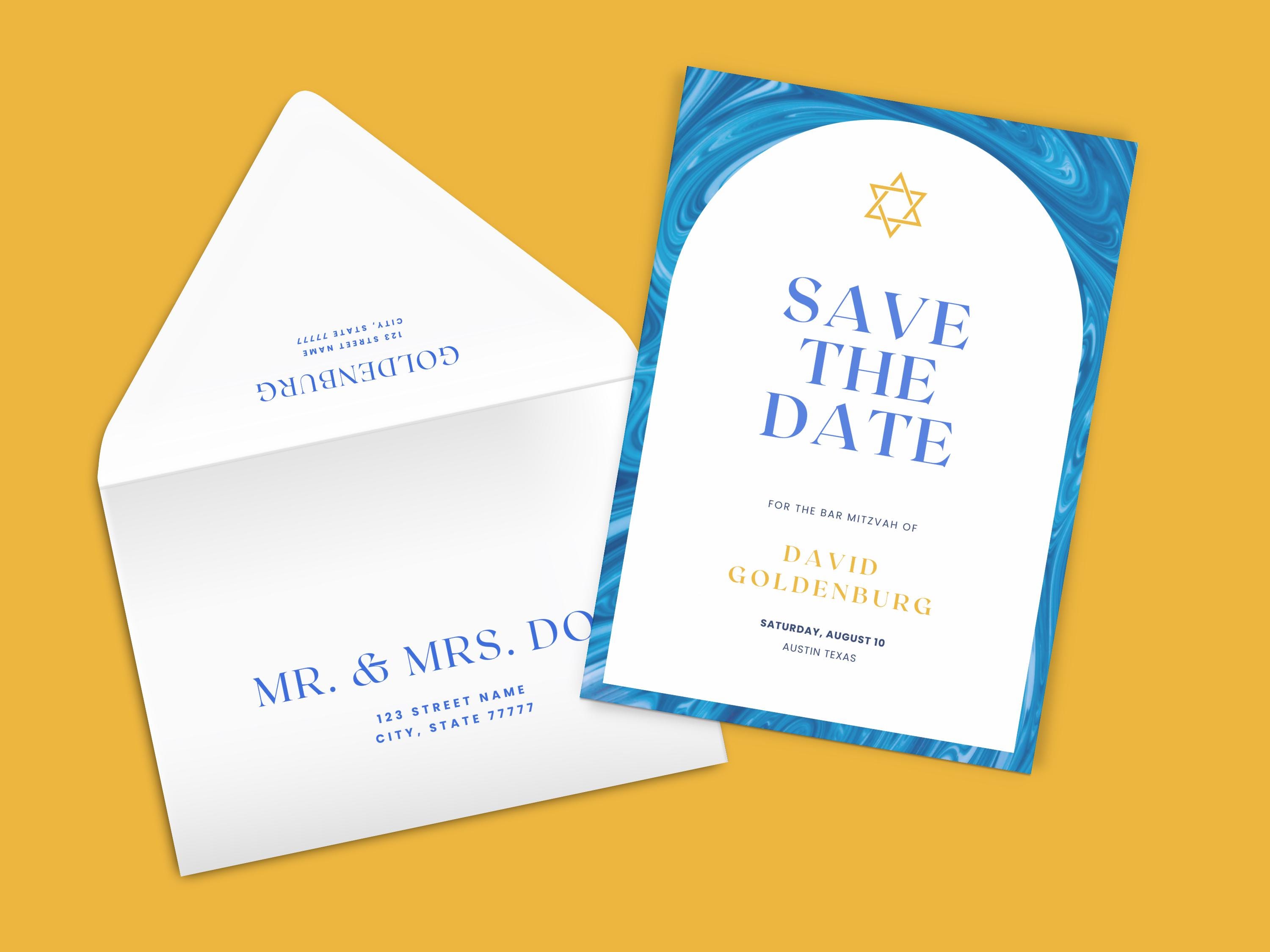EDITABLE Bar Mitzvah Save the Date Template, Blue Marble Paint Artsy