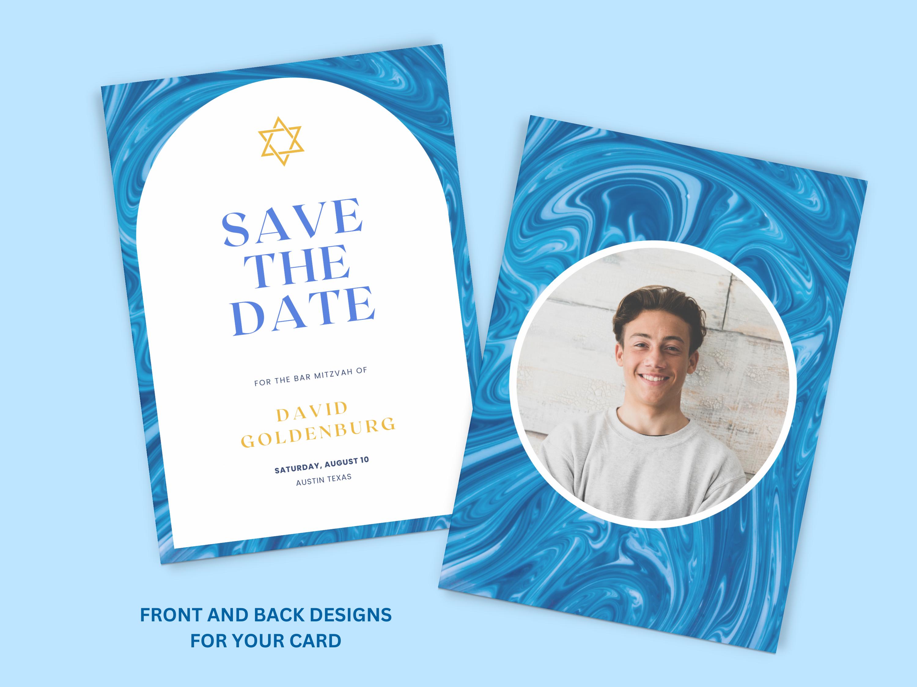 EDITABLE Bar Mitzvah Save the Date Template, Blue Marble Paint Artsy