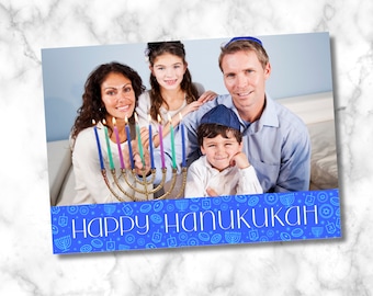 Plantilla personalizable de tarjeta de felicitación Hanukkah, tarjeta fotográfica familiar del Festival de las Luces, descarga imprimible y digital, Happy Hanukkah