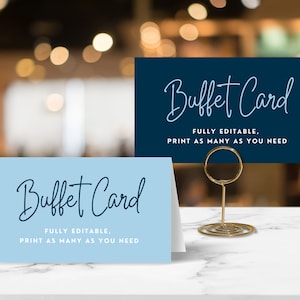 Tarjetas editables para bufé de fiesta, con forma de carpa o plana, plantillas digitales para carteles de comida, minimalistas en azul clásico, ideas divertidas para Bar Mitzvah y Bat Mitzvah