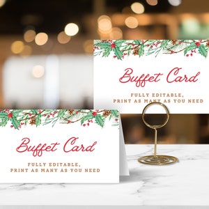 Klassische Weihnachts Buffet Food Cards DRUCKBARE Vorlagen, bearbeitbare Hochzeitsfeier Event Food Schilder, handgeschriebenes Aquarell für den Urlaub