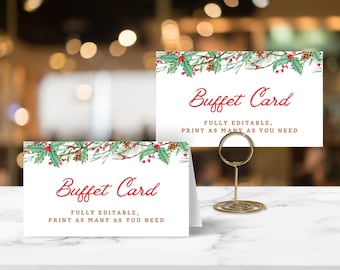 Classic Christmas Buffet Food Cards PRINTABLE Templates,  Editable Wedding Reception Event Food Signs, Holiday Handwritten Watercolor