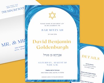 REDIGERBARA Mallar för Bar Mitzvah-inbjudningar, utskrivbara hebreiska inbjudningar med blå marmorfärg, roliga Bar Mitzvah-idéer för Davidsstjärnan