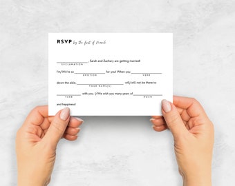 EDITABLE Madlib RSVP Card Template, Fill in the Blank Wedding Response Printable, Digital Fun Mad Lib Minimal Modern Elegant Black & White
