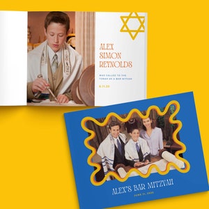 CUSTOMIZABLE Photo Album 22+ Pages, Editable Canva Template, Blue Yellow Wavy Border Custom Scrapbook, Fun Bar Mitzvah, Bat Mitzvah Ideas