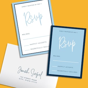 BEWERKBARE Bar mitswa RSVP-kaartsjablonen met envelop, blauwe klassieke minimale afdrukbare uitnodigingssuite, Davidster leuke bar/bat mitswa