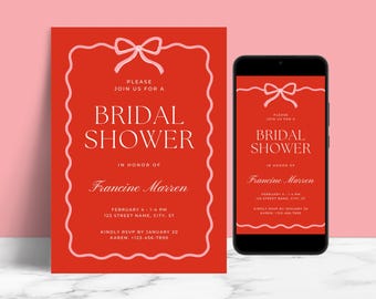 EDITABLE Red and Pink Bow Bridal Shower Invitation Template, Hand-Drawn Wavy Border Ribbon, Printable Invite & Digital Mobile e-vite