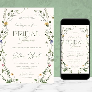 May include: A white bridal shower invitation with a floral wreath border. The invitation features the text "You're invited to please join us for a bridal shower celebrating the bride-to-be Joleen Barb" with the date, time, and location of the event.