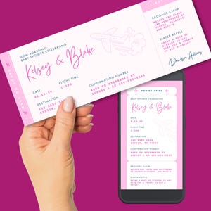 Rosa Bordkarte-Babyparty-Flugticket-Einladung VORLAGE, bearbeitbares Reise-Thema Mädchen, druckbare einladen & digitales bewegliches E-vite
