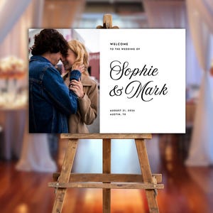 Minimalistisk modern välkomstskylt för bröllop, REDIGERINGSBAR mall, klassisk kursiv skrift utskrivbar med foto, enkel bröllopsaffisch för nedladdning