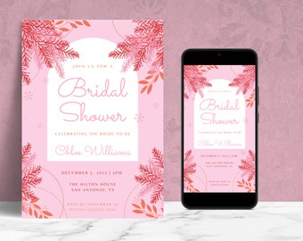 Puede incluir: Una invitación rosa para una despedida de soltera y un teléfono inteligente que muestra el mismo diseño. La invitación presenta el texto "Bridal Shower" en una fuente cursiva, con detalles florales y de hojas en rojo y rosa.