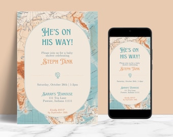 EDITABLE Travel Map Baby Shower Invitation Template, Printable Invite & Text e-vite, Digital Download Invite, Vintage Retro Global World