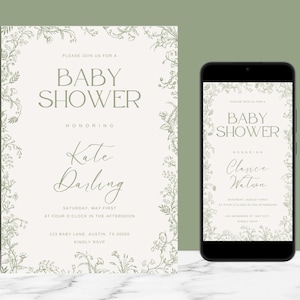 Modello di invito per baby shower con toile floreale verde elegante MODIFICABILE, modello di invito per neonato Chinoiserie, invito stampabile e invito digitale per cellulare