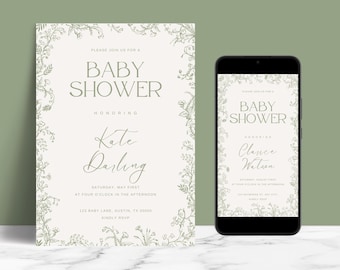 EDITABLE Elegant Green Floral Toile Baby Shower Invitation Template, Chinoiserie Baby Boy, Printable Invite & Digital Mobile E-vite
