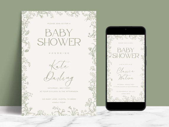 EDITABLE Elegant Green Floral Toile Baby Shower Invitation Template, Chinoiserie Baby Boy, Printable Invite & Digital Mobile E-vite