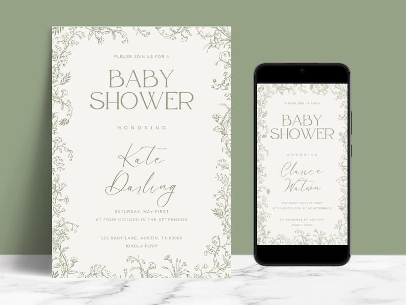 K&ouml;nnte beinhalten: Eine wei&szlig;e Babyparty-Einladung mit floralem Rand. Der Text lautet: "Bitte schlie&szlig;en Sie sich uns zu einer Babyparty zu Ehren von Kate Darling an. Samstag, der 1. Mai, um 16:00 Uhr. Les Baby Lane, Austin, TX 60000. Bitte antworten Sie."