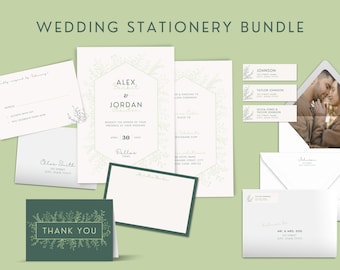BUNDLE Greenery Wedding Stationery EDITABLE Templates, Green Botanical Natural Floral Foliage, Invite RSVP Custom Printable Digital Download