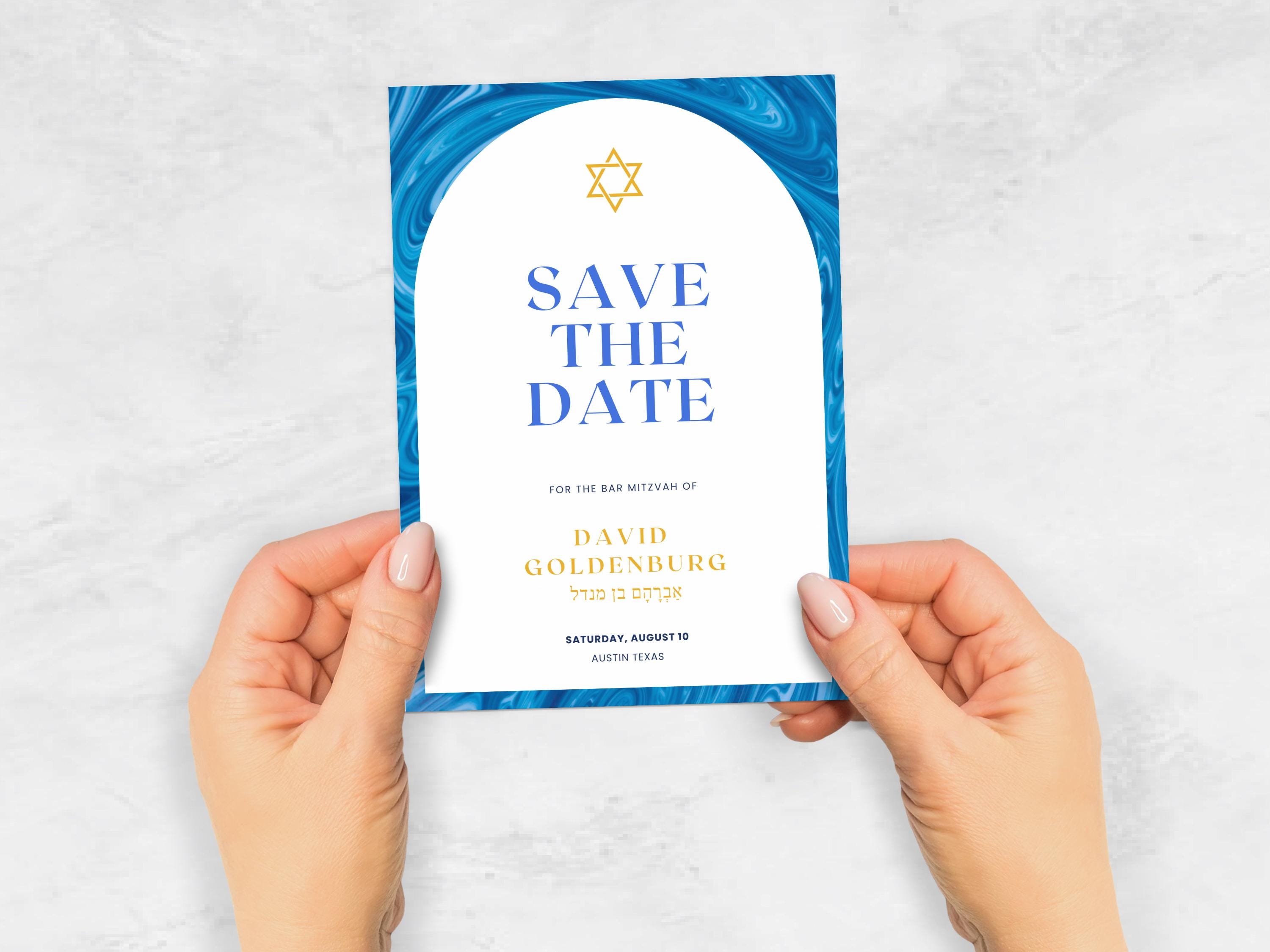 EDITABLE Bar Mitzvah Save the Date Template, Blue Marble Paint Hebrew