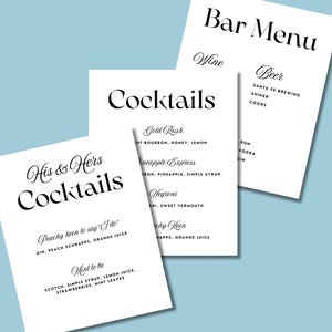 Modern Minimal Bar Menu Signs EDITABLE Templates, His and Hers Signature Drinks, Cocktails, Bar menu, Wedding Event Party Printable Download