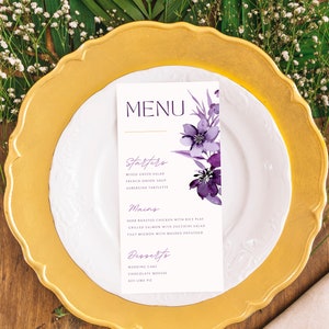 Menú de recepción floral púrpura EDITABLE, plantilla de decoración de evento imprimible de boda personalizable, descarga digital instantánea de bricolaje