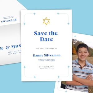 Bar Mitzvah Save the Date EDITABLE Templates, Star of David Blue Hebrew Printable Invite, Minimal Art Deco Design, Bat Mitzvah Ideas